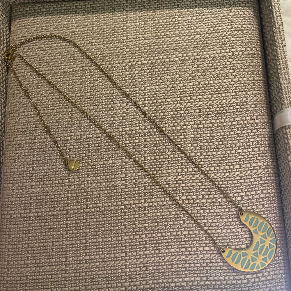 Stella & Dot Gold and Turquoise reversible Crescent Pendant Necklace